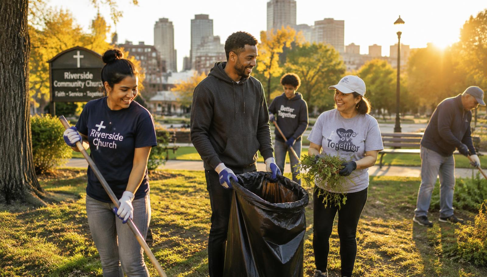 Church volunteers and neighbors cleaning a city park together